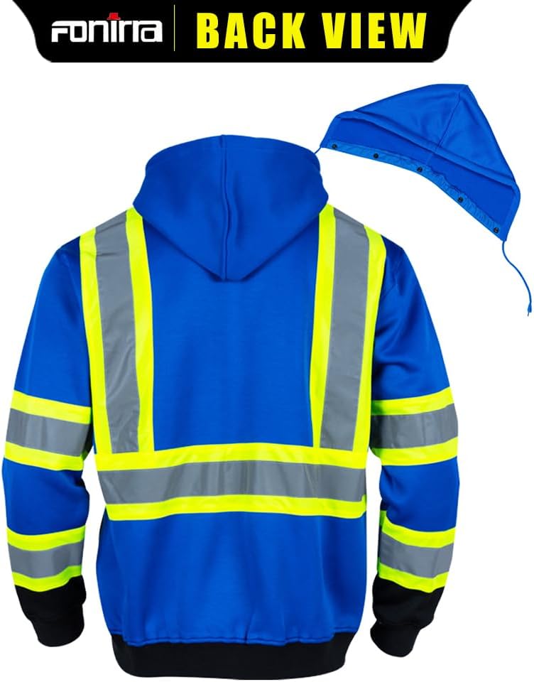 FONIRRA Hi Vis Safety Fleece Zip Hoodie for Men Reflective Sweatshirts ANSI Class 3 Jackets Detachable Hood (Blue,4XL) - Image 2